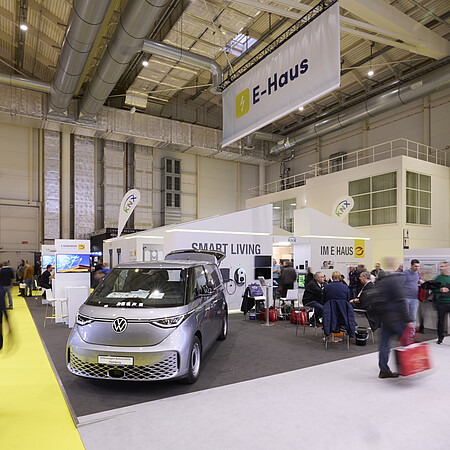 Messestand in einer großen Ausstellungshalle zum Thema Smart Living und E‑Haus, mit einem ausgestellten Elektrofahrzeug im Vordergrund und mehreren Besuchern, die sich informieren und austauschen.