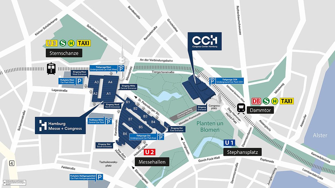 Anfahrtsplan mit Fußwegen vom Dammtor zur Hamburg Messe